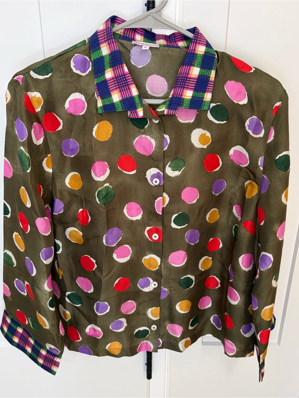 Frances Valentine Silk Blouse Harriet Polka Dot Plaid Collar Medium $348